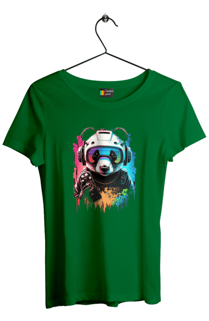 Футболка жіноча з принтом "Панда в VR шолом". Віртуальна реальність, гік, панда, персонаж, шолом. 2070702