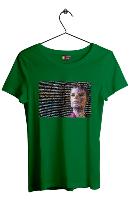 Футболка жіноча з принтом "Штучний Розум". Айті, айтішник, гик, жінка, знання, інженер, інтелект, кібер, кібернетика, кіборг, код, комп, комп`ютерник, кристал, машинне навчання, мікросхема, мозок, портрет, програміст, професіонал, професія, розробник, розум, світиться, світло, хакер, чіп, штучний інтелект, штучний розум. 2070702