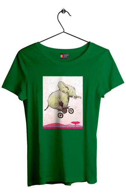 Футболка женская с принтом Слон На Мотоцикле. Мотоцикл, полет, слон. 2070702