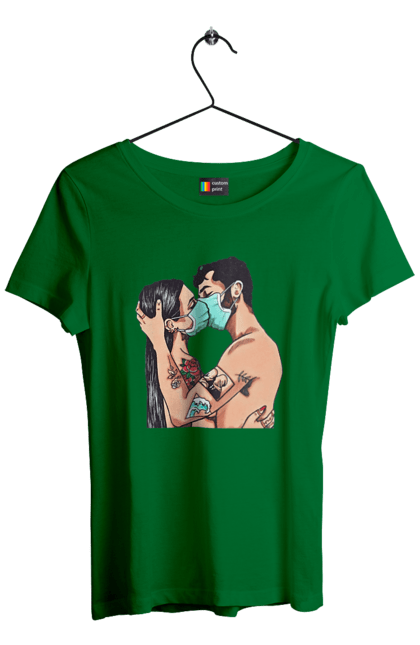 Футболка жіноча з принтом "Коронавірусна Любов". Карантин, коронавірус, кохання, маска, поцілунок. 2070702