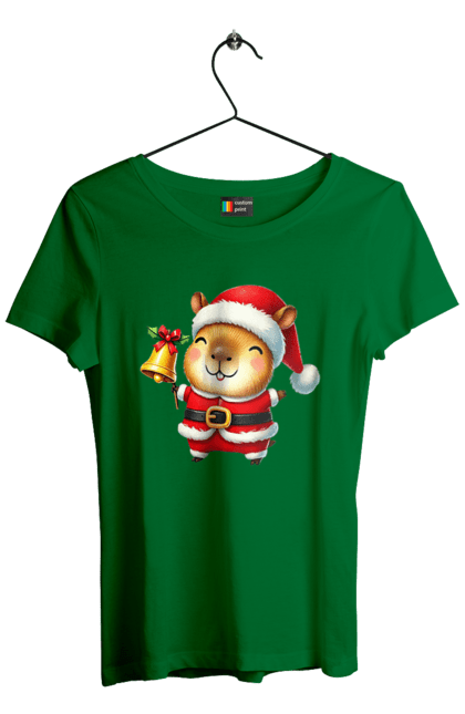 Women's t-shirt with prints Funny capybara with a bell. Animal, bell, capybara, christmas, christmas capybara, gift, holiday, new year, new year`s gift, santa. 2070702