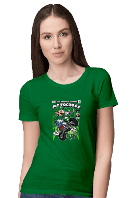 Футболка жіноча з принтом "Luigi Motocross". Nintendo, playstaion, автомобіль, гра, зелений маріо, луїджі, маріо. Funkotee