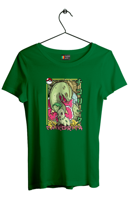 Women's t-shirt with prints Pokemon Chikorita. Anime, chikorita, games, nintendo, pokemon, pokemon go. 2070702