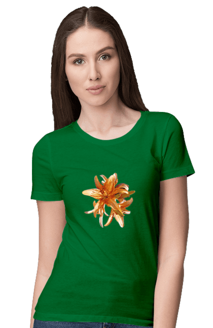Women`s t-shirt with prints Orange lily. Beauty, flower, lily, nature, orange, solar. 2070702
