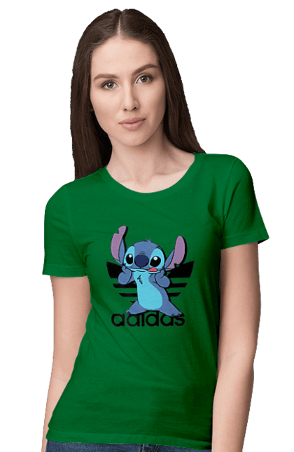 Women's t-shirt with prints Adidas Stich. Alien, cartoon, cinema, disney, film, lilo and stitch, stitch. 2070702