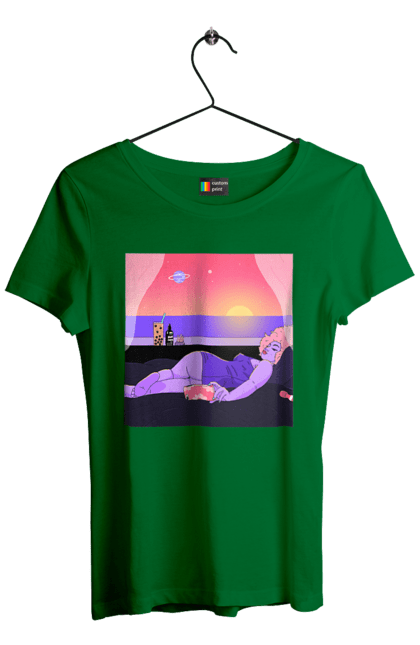 Футболка жіноча з принтом "Фіолетова Дівчина На Відпочинку". Дівчина, захід, телефон. 2070702