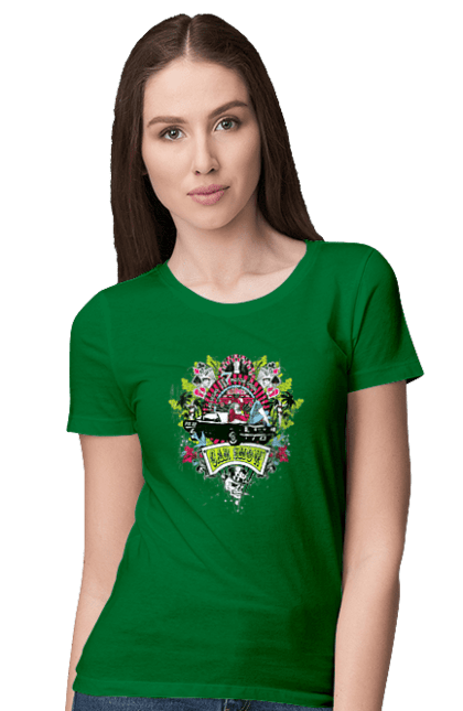Women`s t-shirt with prints Car Show, Summer. Automobile, cards, money, palm, show. 2070702