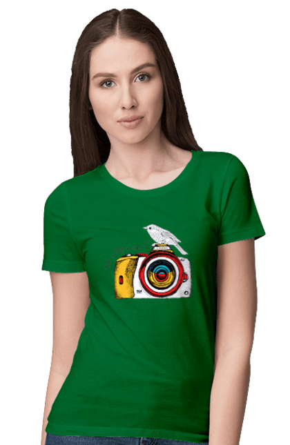 Women`s t-shirt with prints Camera And Bird. Birdie, camera, photographer. 2070702