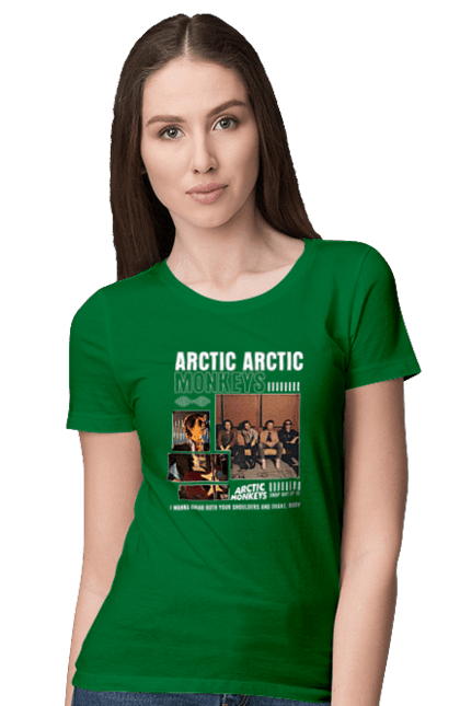 Women's t-shirt with prints Arctic Monkeys. Arctic monkeys, garage rock, group, indie rock, music, post-punk revival, psychedelic rock, rock. 2070702