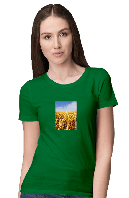 Women`s t-shirt with prints Ukraine. Beauty, blue, field, nature, sky, wheat. 2070702