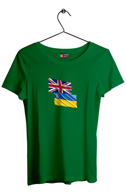 Футболка жіноча з принтом "Прапор Великої Британії, прапор України, Підтримка України". Британія, велика британія, війна, киев, мир, національні кольори, прапор, прапор британії, прапор великої британії. 2070702