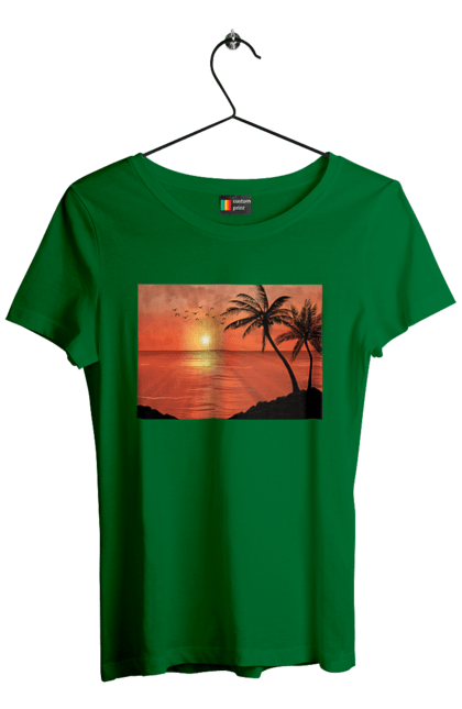 Women`s t-shirt with prints West Palm Sea. Palm trees, sea, shore. 2070702