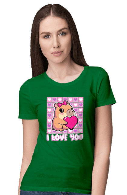 Women`s t-shirt with prints Capybara in love. Capybara, cute animals, hearts, i love you, love, romance, romantic gift, valentine, valentine`s day. 2070702
