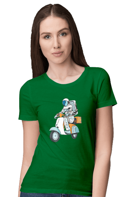 Women`s t-shirt with prints Astronaut on a motorcycle. Cosmonaut, motorcycle, space. 2070702
