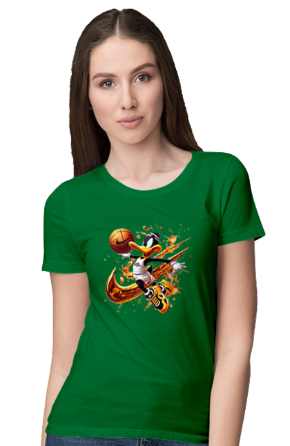 Women's t-shirt with prints Daffy Duck Nike. Cartoon, character, daffy duck, duck, looney tunes, merrie melodies, nike, warner brothers. 2070702