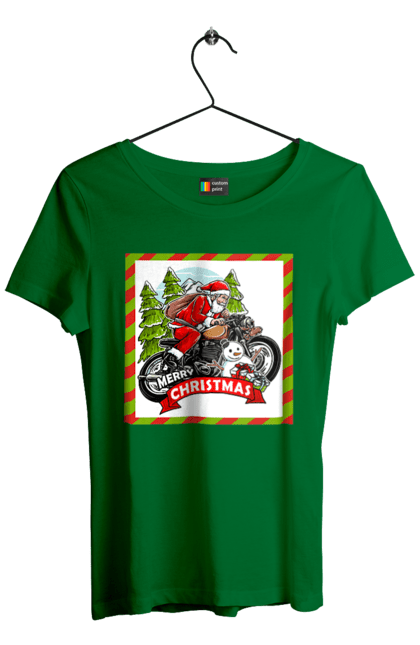 Women`s t-shirt with prints Santa on a motorcycle. Christmas, motorcycle, new year, presents, santa, snowman, tree. 2070702