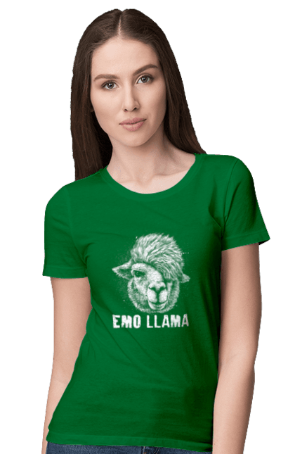 Women's t-shirt with prints Emo Llama. Alpaca, animals, distressed, emo, funny, llama, vintage. 2070702