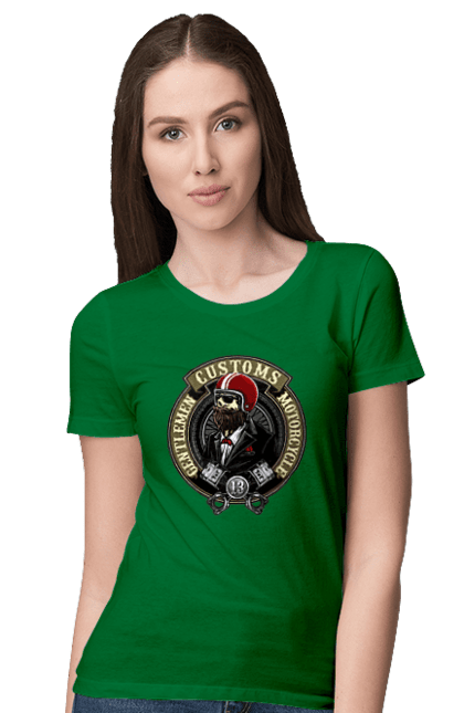 Women`s t-shirt with prints Gentlemen motorcycle. Gentleman, helmet, motorcycle, skull. 2070702
