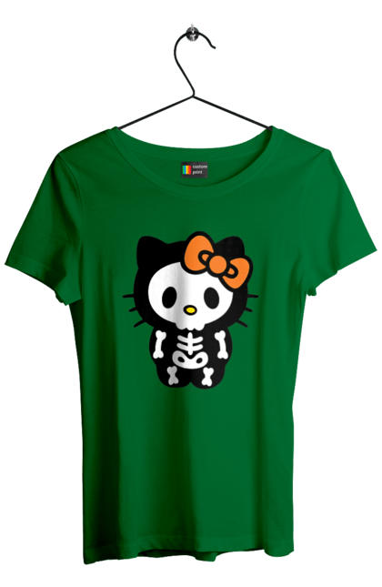 Футболка женская с принтом Хелло Китти Хэллоуин. Halloween, hello kitty, zombie, бренд, зомби, котенок, персонаж, скелет, хелло китти, хэллоуин. 2070702