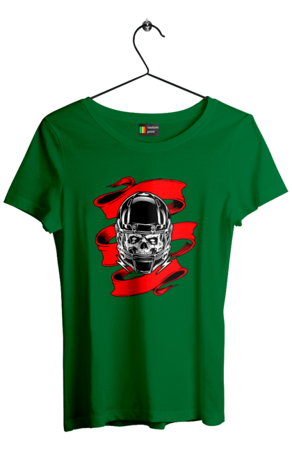 Women`s t-shirt with prints Skull in a motorcycle helmet. Helmet, moto, skull, tape. 2070702
