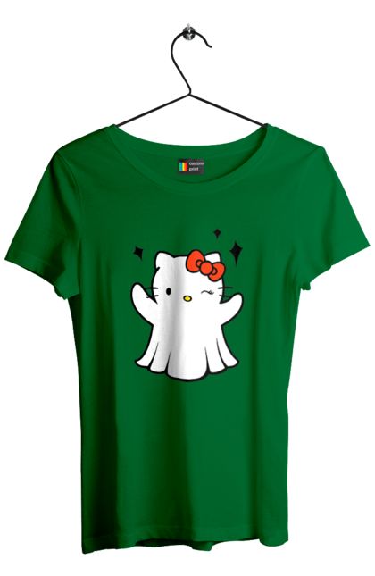 Футболка женская с принтом Хелло Китти Хэллоуин. Ghost, halloween, hello kitty, бренд, кот, котенок, персонаж, привидение, хелло китти, хэллоуин. 2070702