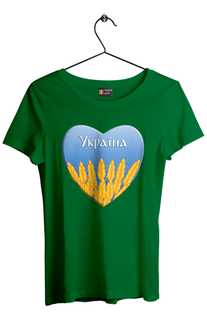 Футболка жіноча з принтом "Серце з колосками Україна". Воля, колоски, небо, перемога, прапор україни, пшениця, серце, символ україни, україна. 2070702