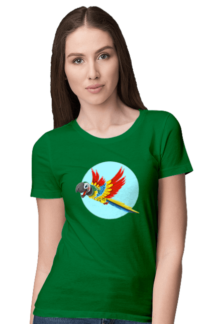Футболка жіноча з принтом "Папуга". Барвистий папуга, какаду, кольоровий папуга, папуга, що летить. 2070702