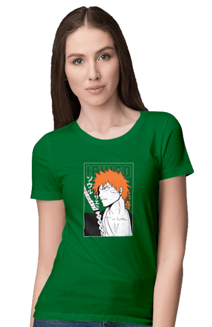 Футболка женская с принтом Блич Ичиго Куросаки. Anime, bleach, ichigo kurosaki, manga, аниме, блич, ичиго, ичиго куросаки, манга. 2070702