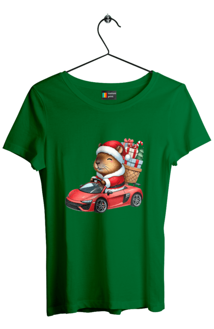 Women's t-shirt with prints Christmas Capybara with a Gift. Animal, capybara, car, christmas, christmas capybara, gift, holiday, new year, new year`s gift, santa. 2070702