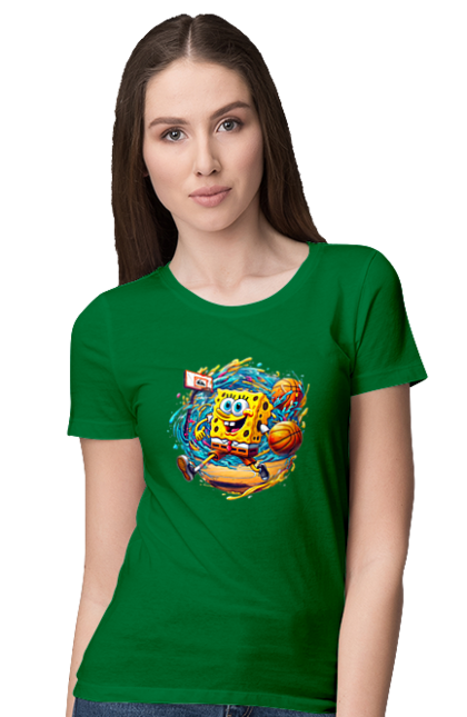 Women's t-shirt with prints SpongeBob. Animated series, ball, basketball, cartoon, spongebob, spongebob squarepants, sport. 2070702