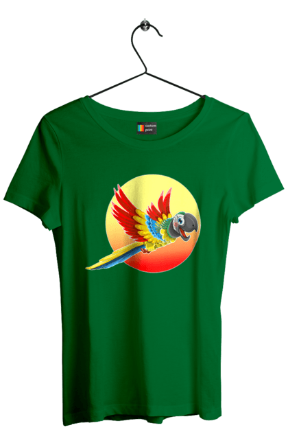 Футболка жіноча з принтом "Папуга На Тлі Сонця". Ара, веселий, відпочинок, відпустка, диск, жарко, жовтий, коло, кольоровий, крила, літає, літо, папуга, папужка, пір`я, політ, помаранчевий, птах, різнокольоровий, сонце, сонячно, спека, тепло, тропіки, у польоті, червоний. 2070702
