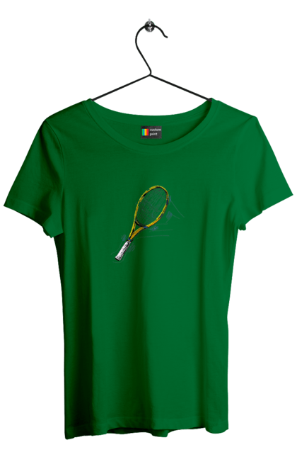 Футболка жіноча з принтом "Ракетка Великий теніс". Великий теніс, гравці, грунт, м`яч, призовий фонд, ракетка, спонсор, турнір на ґрунті, турнірна сітка. 2070702