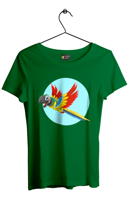 Футболка жіноча з принтом "Папуга". Барвистий папуга, какаду, кольоровий папуга, папуга, що летить. 2070702