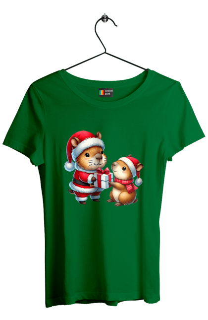 Women's t-shirt with prints Christmas Capybara with a Gift. Animal, capybara, christmas, christmas capybara, gift, holiday, new year, new year`s gift, santa. 2070702