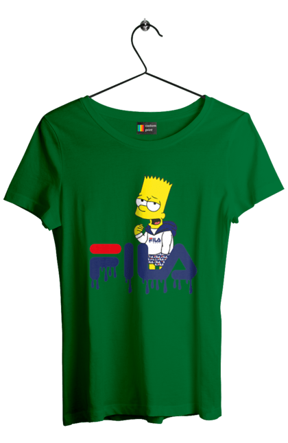 Футболка женская с принтом Барт FILA. Bart, simpsons, барт, мультфильм, симпсоны, спорт, спортивная одежда. 2070702