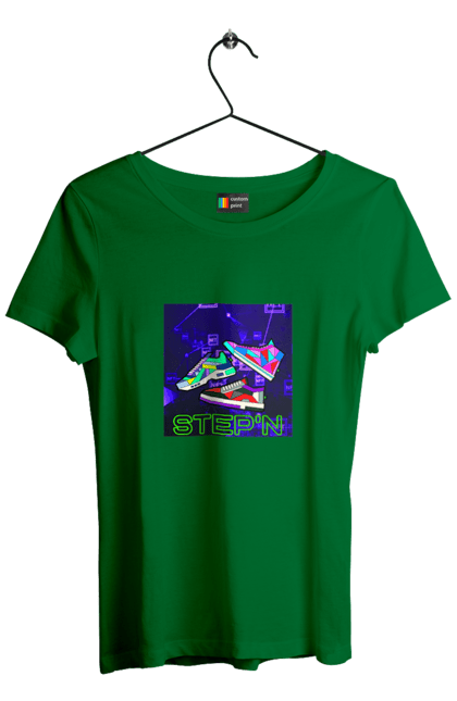 Футболка жіноча з принтом "Step`n". Віртуальні кросівки, крипта, криптовалюти, нфт, нфт кросівки, солана, степен. 2070702