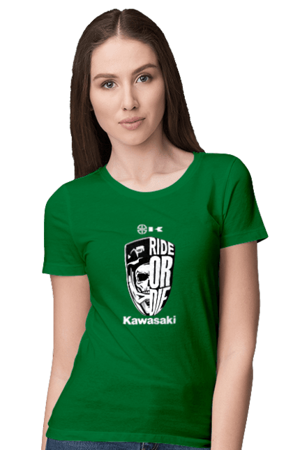 Women's t-shirt with prints Kawasaki. Brand, kawasaki, motorbike, ride or die, scull, sport. 2070702