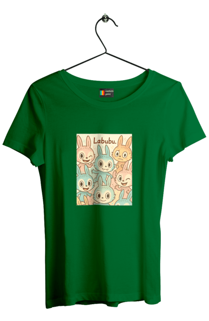 Футболка жіноча з принтом "Лабубу". Безтурботно, грайливо, дизайнперсонажу, каваї, лабубу, милі мистецтво, ніжні відтінки, пастельніквіти, стиль мультфільму, чарівно. 2070702