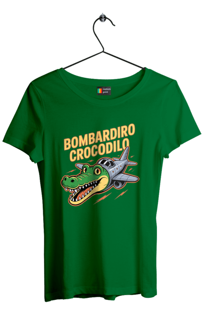 Футболка жіноча з принтом "Bombardino Crocodilo". Bombardino, bombardino crocodilo, crocodilo, бомбардиро крокодило, бомбардіно крокоділо, крокодил, крокодил літак, крокодил мем, мем бомбардине крокодило, меми. 2070702