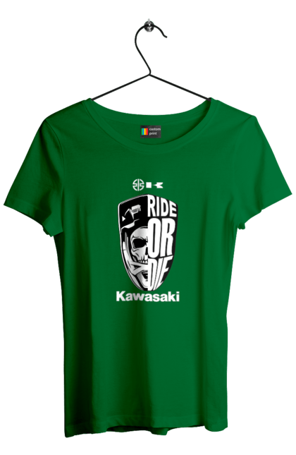 Women's t-shirt with prints Kawasaki. Brand, kawasaki, motorbike, ride or die, scull, sport. 2070702