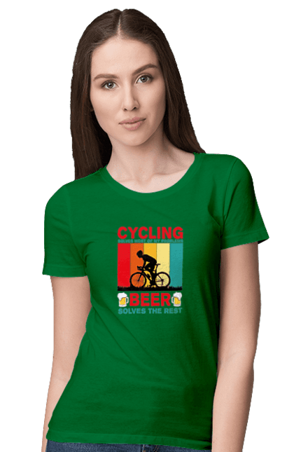 Футболка жіноча з принтом "Cycling Beer". Алкоголь, брутальні, велосипед, веселі, для спортсменів, літні, пиво, спорт, чоловічі. 2070702