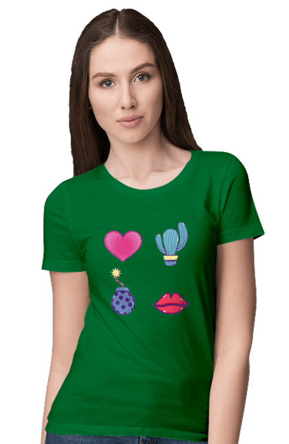 Women`s t-shirt with prints Heart, Cactus, Bomb, Lips. Bomb, cactus, lips. 2070702