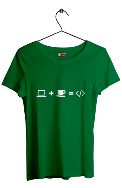 Футболка жіноча з принтом "Комп`ютер плюс кава дорівнює код". Айті, айтішник, для айтішника, для програміста, кава, подарунок айтішнику, подарунок програмісту, програміст, розробник. 2070702