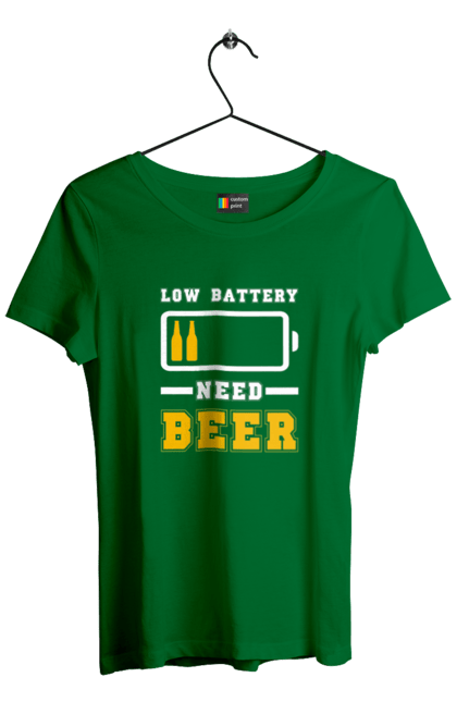 Футболка жіноча з принтом "Low battery need beer". Алкоголь, брутальні, літні, пиво, прикольні принти, чоловічі. 2070702