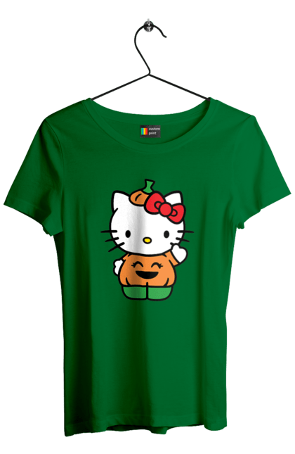 Футболка женская с принтом Хелло Китти Хэллоуин. Halloween, hello kitty, бренд, котенок, персонаж, тыква, хелло китти, хэллоуин. 2070702