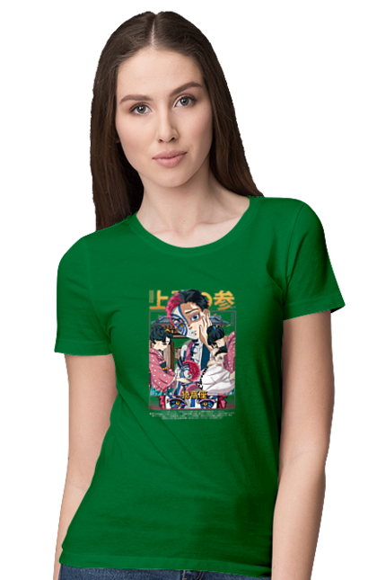 Women's t-shirt with prints Demon Slayer Akaza. Akaza, anime, demon slayer, kimetsu no yaiba, manga, nezuko, serial. 2070702