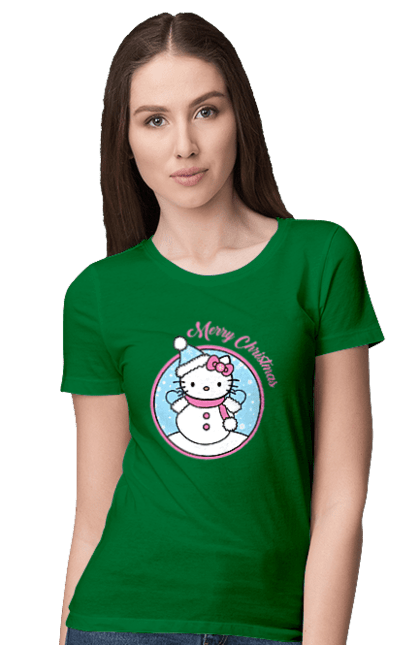 Футболка женская с принтом Хелло Китти Счастливого Рождества!. Hello kitty, merry christmas, бренд, кот, котенок, персонаж, рождество, санта клаус, хелло китти. 2070702