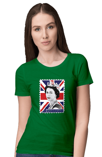 Футболка женская с принтом Королева Елизавета II. Britain, british, england, platinum jubilee, queen, queen elizabeth, queen elizabeth ii, rip queen elizabeth, королева елизавета. 2070702