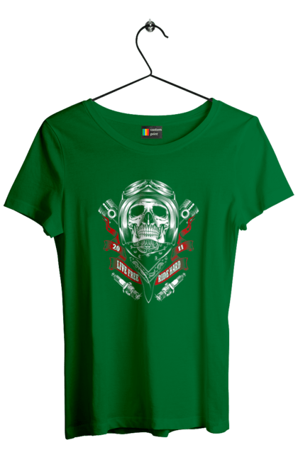 Футболка жіноча з принтом "череп гонщик". Байкер, гонки, мотоцикл, череп. 2070702