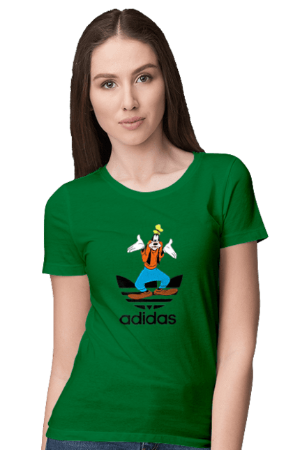 Футболка женская с принтом Adidas Гуфи. Adidas, goofy, адидас, гуфи, мультсериал, мультфильм, пес, собака. 2070702